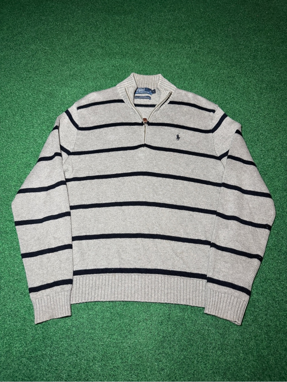 Vintage 90s Polo by Ralph Lauren Grey Black Striped Pullover Sweater, Preppy L